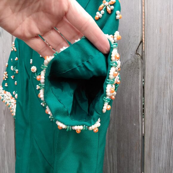Vintage 60s Dress "Fashion Centre" Green Beaded Daisy 32"B 29"W - Picture 6 of 16